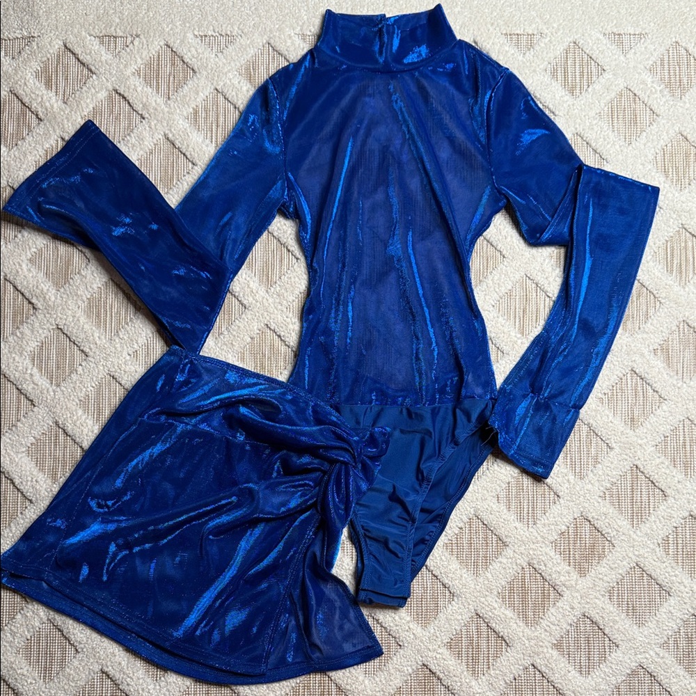 SET: Shiny Blue Long Sleeve Bodysuit and Skirt